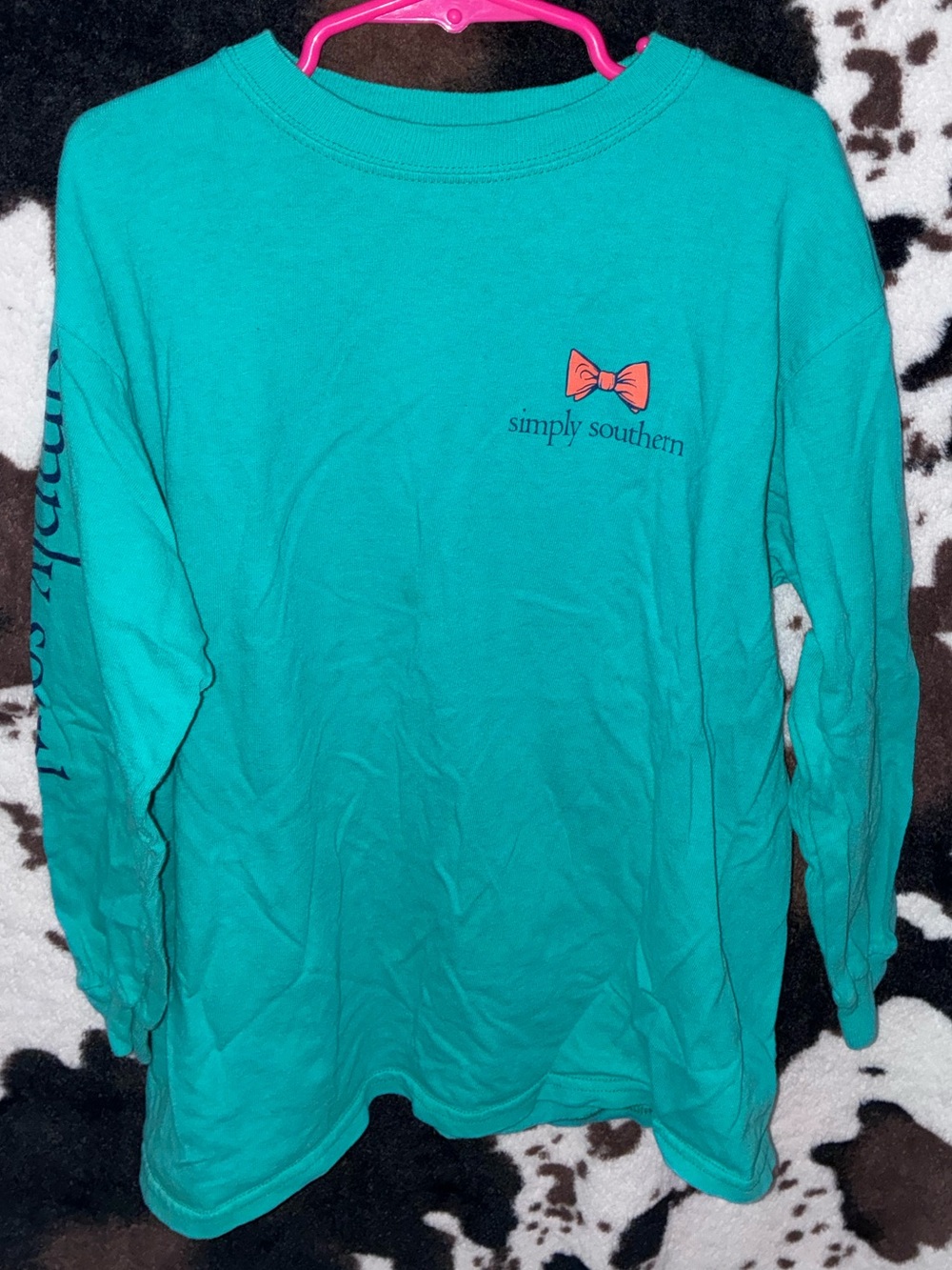 Simply Southern Teal Long Sleeve Tee with Coral Bow Logo and pumpkins Fall seaso